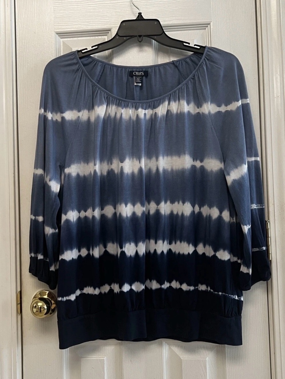 Chaps Blue and White Tie-Dye Scoop Neck Long Sleeve Top